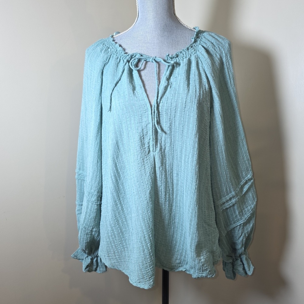Free People Womens Blue Out of Town Split Neck Blouse Size M Boho Coastal